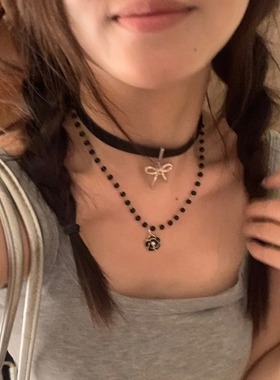 韩系 小众设计古银蝴蝶结项圈女y2k少女甜酷复古滴油花朵项链配饰
