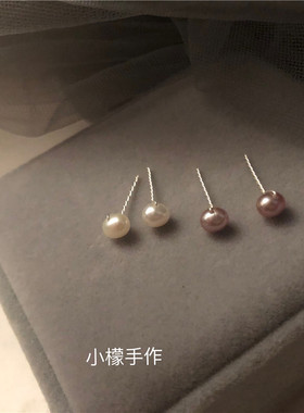 包邮白紫强光足银手作珍珠耳钉