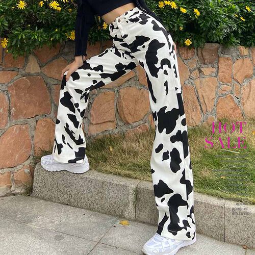 Statement print straight-leg jeans高腰奶牛印花宽松直筒牛仔裤