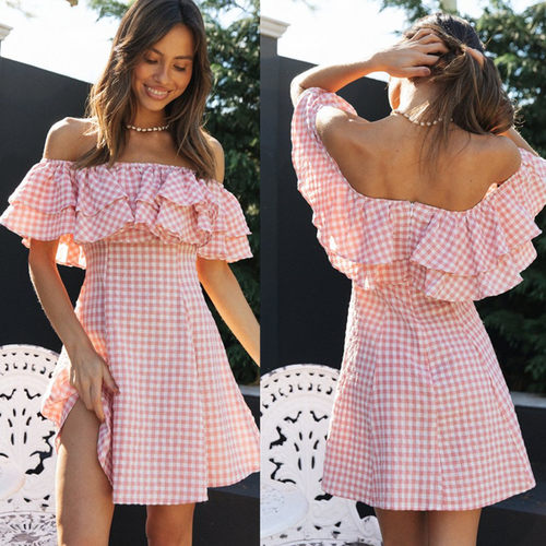 女装新款格子一字肩荷叶领时尚连衣裙women's short sleeve dress