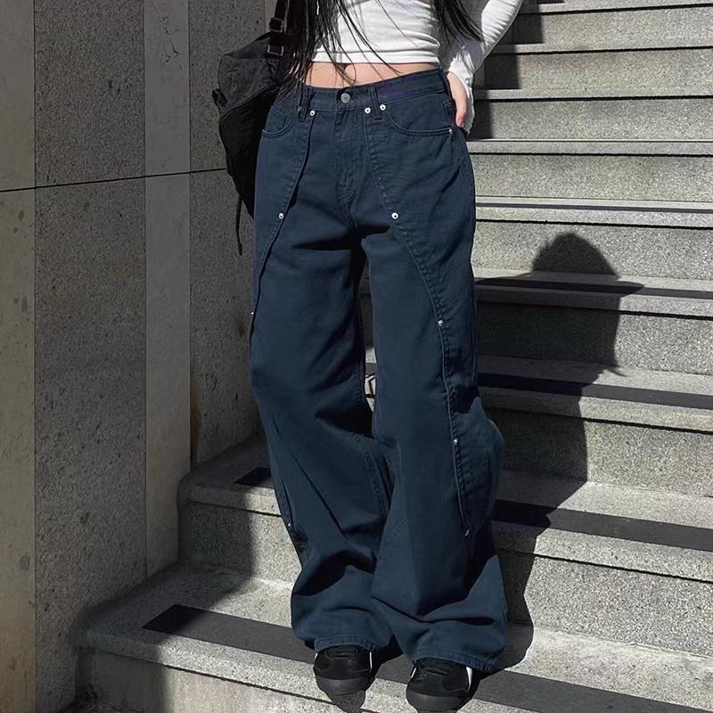 欧美休闲工装直筒牛仔裤长裤女 Casual Jeans Cargo Denim Pants