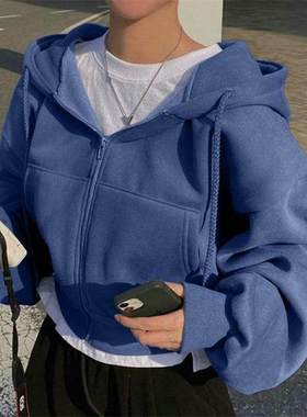 欧美长袖拉链连帽卫衣上衣外套女 chic crop jacket coat hoodie