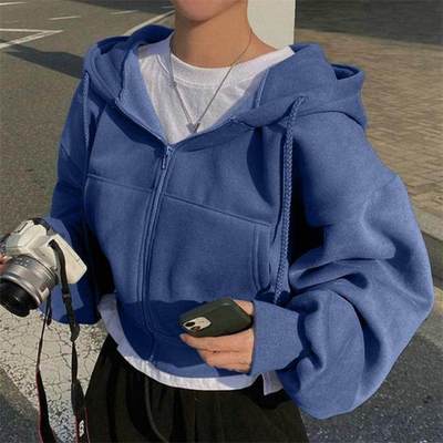 欧美长袖拉链连帽卫衣上衣外套女 chic crop jacket coat hoodie