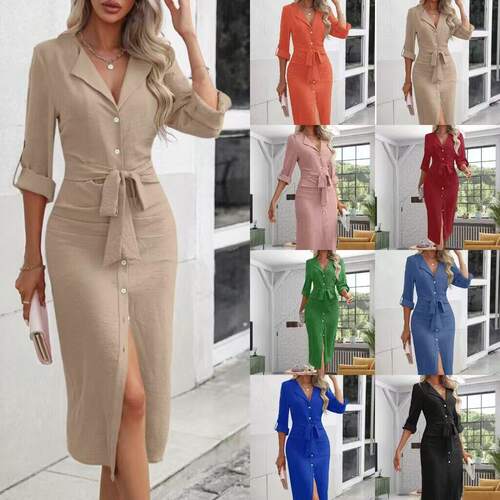 women Casual lace up temperament slit dress 欧美风开叉连衣裙