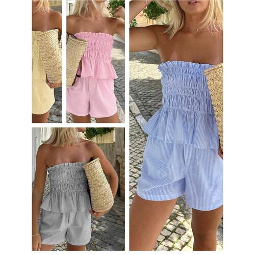 条纹连体短裤 Summer jumpsuits striped strapless black shorts