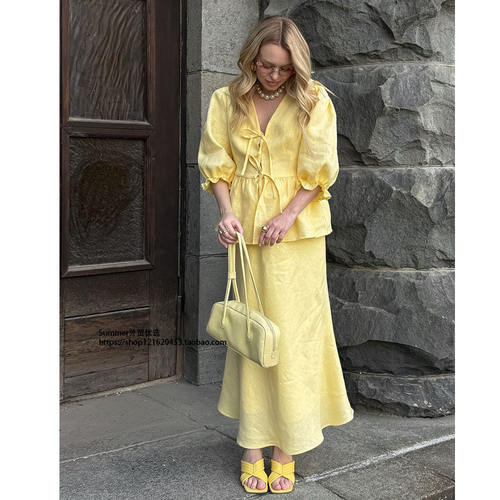 纯棉V领荷叶边系带短袖半身裙黄色长裙套装Lace-up top skirt set