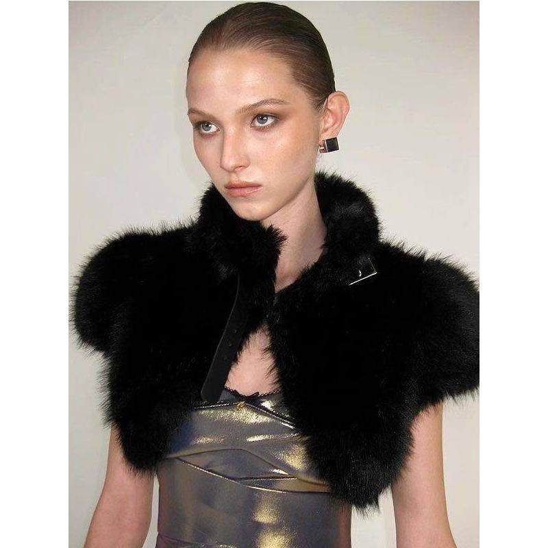 欧美时尚毛毛仿皮草马甲披肩短上衣女 Fur Crop Shawl Top Vest