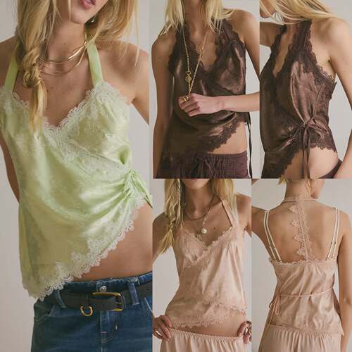 辣妹蕾丝边挂脖侧边系带绑带背心上衣Hanging neck tie lace vest
