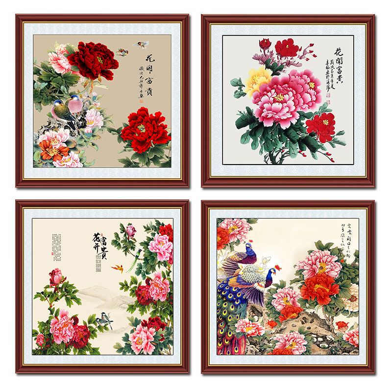 花开富贵牡丹花挂画客厅装饰画自粘方形牡丹花贴画玄关画牡丹画芯图片