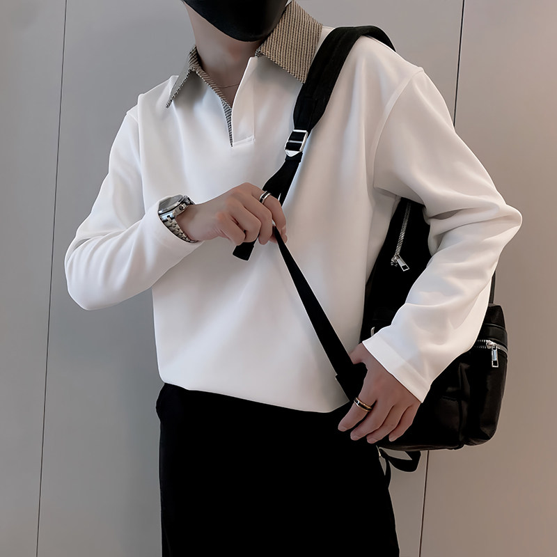Y331/P49控69秋季小伙美式千鸟格拼接Polo衫长袖体恤黑色首图,男装Polo衫,星座305B