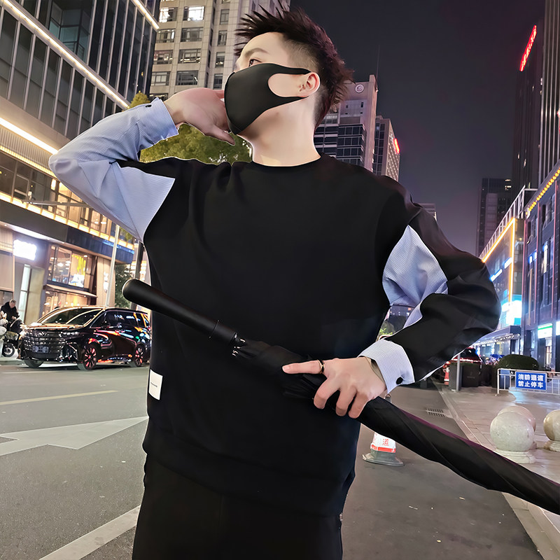 Y223/P58控78秋季痞帅小伙重工艺条纹设计感打底衫梭织卫衣男黑首图片