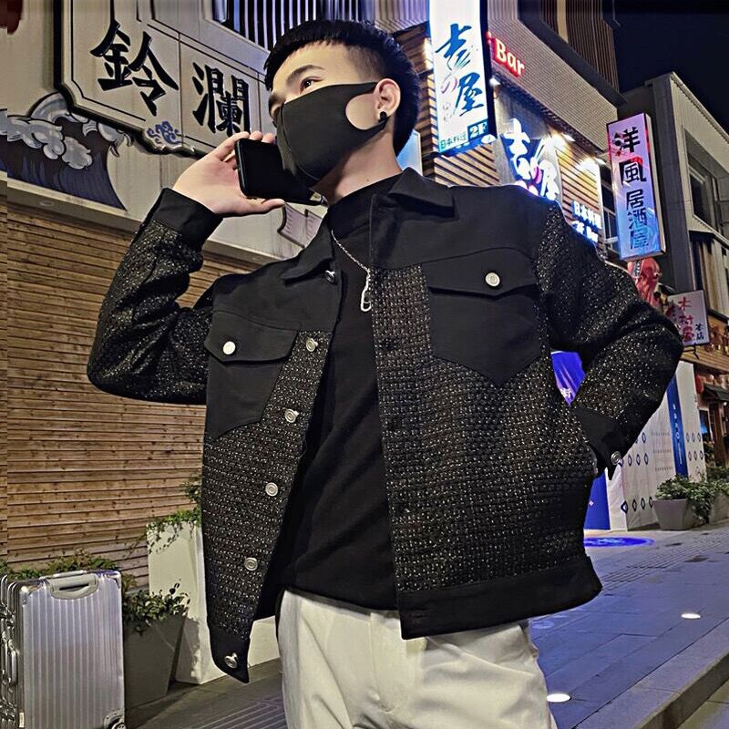 JK03/P118控1582025秋社会小伙小香风拼料夹克痞帅外套男黑首1,男装夹克,星座305B