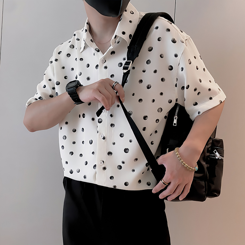 S92/P58控88夏季小伙冰丝凉感透气波点衬衫外套男时尚轻奢T恤白首，男装T恤，星座305B