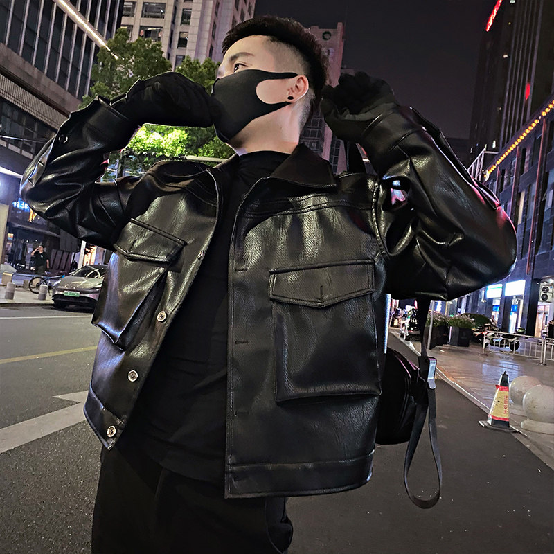 A01/P138控178秋季美式痞帅小伙翻领口袋设计皮衣夹克外套男黑首1,男装皮衣,星座305B