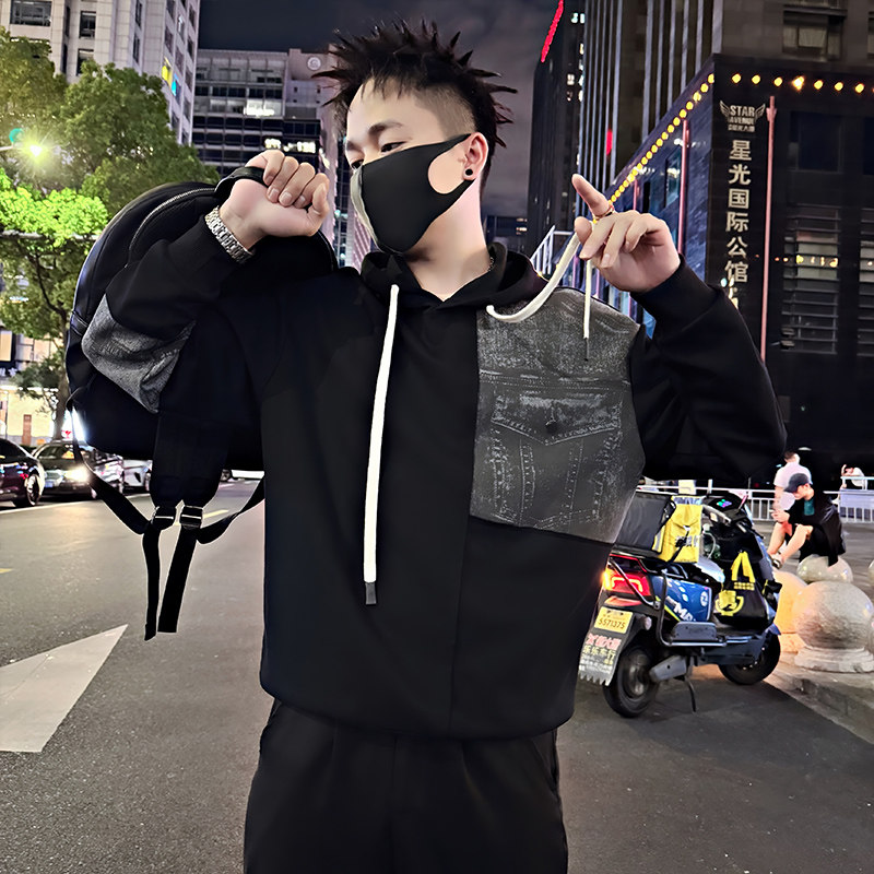 Y337/P78控108秋季痞帅小伙小众设计做旧连帽拼接卫衣男长袖黑首,男装卫衣,星座305B