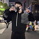 Y337/P78控108秋季痞帅小伙小众设计做旧连帽拼接卫衣男长袖黑首，男装卫衣，星座305B