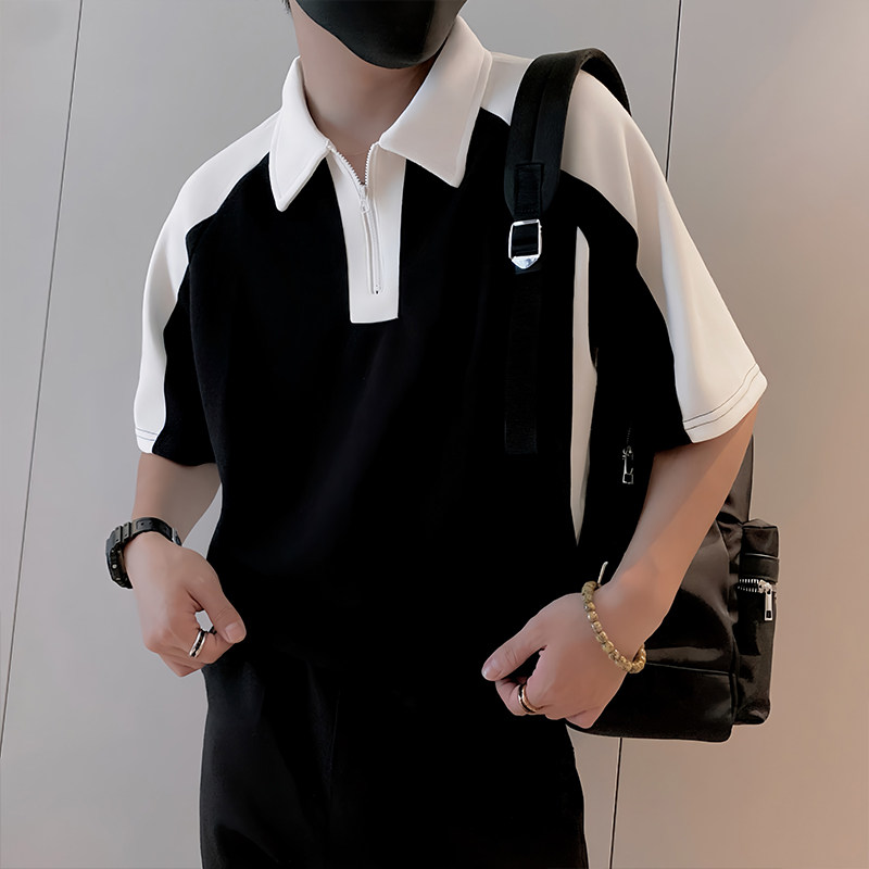 8984/P48控68夏季小伙高档撞色黑白拼接轻奢polo衫短袖T恤男白首1,男装Polo衫,星座305B