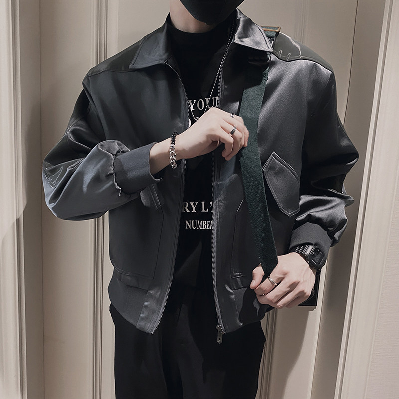 JK56/P138控178秋季社会小伙缎面PU飞行员拼接夹克外套男深灰首1,男装夹克,星座305B