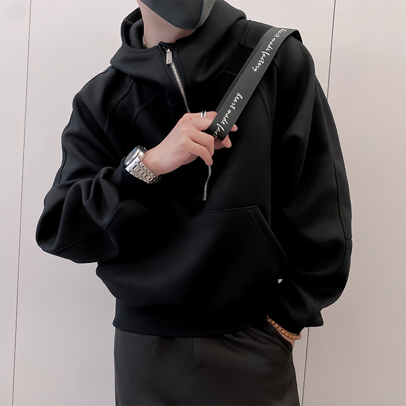 Y341/P78控108秋季痞帅小伙重磅高街连帽半拉链螺纹下摆卫衣男黑1,男装卫衣,星座305B