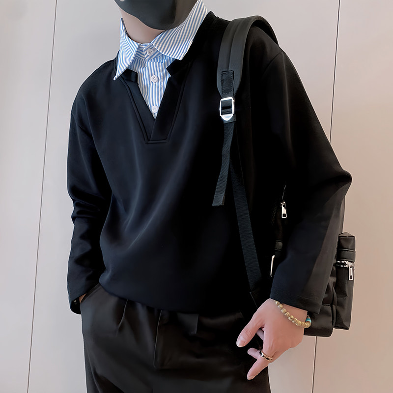Y330/特P58控78秋季小伙小众设计感假两件衬衫Polo领长袖体恤黑首,男装T恤,星座305B
