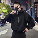 Y341/P78控108秋季痞帅小伙重磅高街连帽半拉链螺纹下摆卫衣男黑1，男装卫衣，星座305B