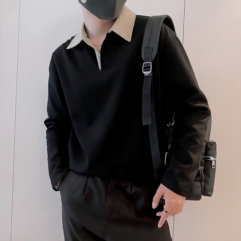 Y331/P49控69秋季小伙美式千鸟格拼接Polo衫长袖体恤白色首图,男装Polo衫,星座305B