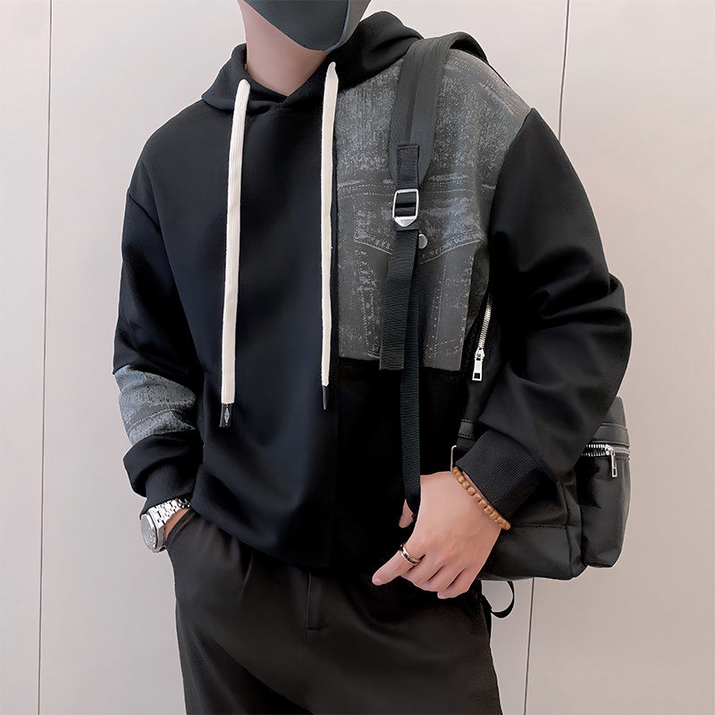 Y337/P78控108秋季痞帅小伙小众设计做旧连帽拼接卫衣男长袖黑首,男装卫衣,星座305B
