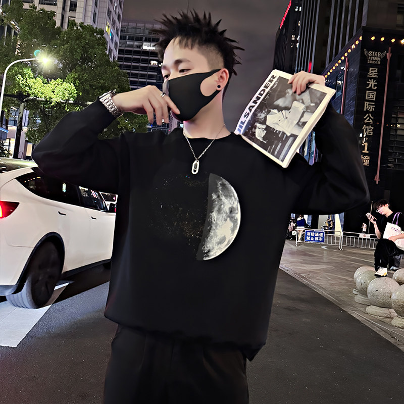 Y338/P58控78秋季痞帅小伙潮牌烫钻印花设计感男士卫衣长袖黑首1,男装卫衣,星座305B