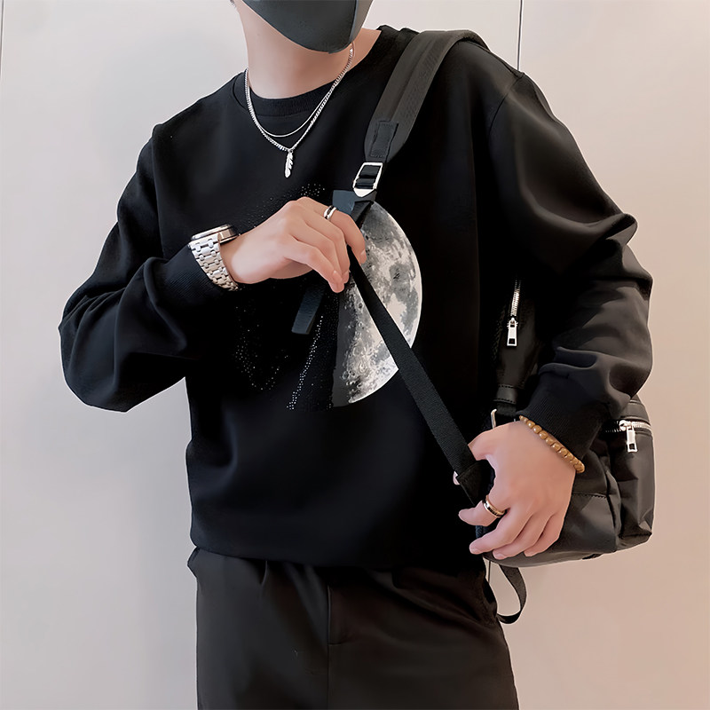 Y338/P58控78秋季痞帅小伙潮牌烫钻印花设计感男士卫衣长袖黑首2,男装卫衣,星座305B
