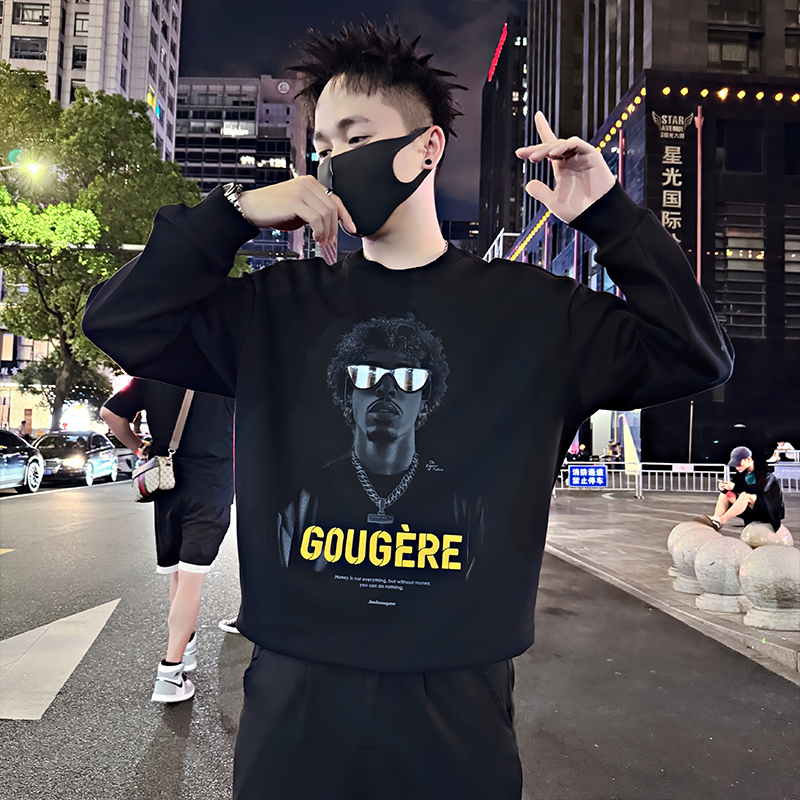 Y339/P58控78秋季痞帅小伙潮牌烫钻印花镭射男士时尚卫衣长袖黑首，男装卫衣，星座305B
