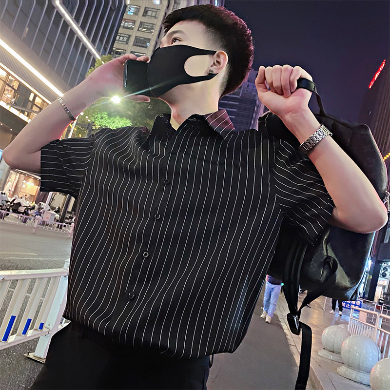 S20/P58控78 夏季社会小伙简约跑量条纹翻领衬衫开衫男黑首2图片