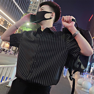 S20/P58控78 夏季社会小伙简约跑量条纹翻领衬衫开衫男黑首2图片
