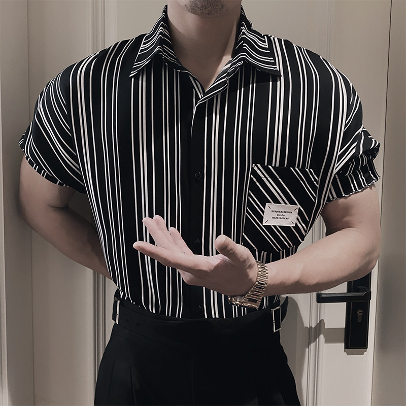 S30/P50控78 夏季社会小伙潮流斑马条纹白标翻领衬衫开衫男图首2图片
