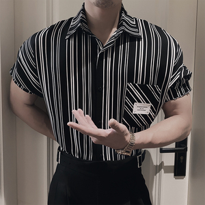S30/P50控78 夏季社会小伙潮流斑马条纹白标翻领衬衫开衫男图首2图片