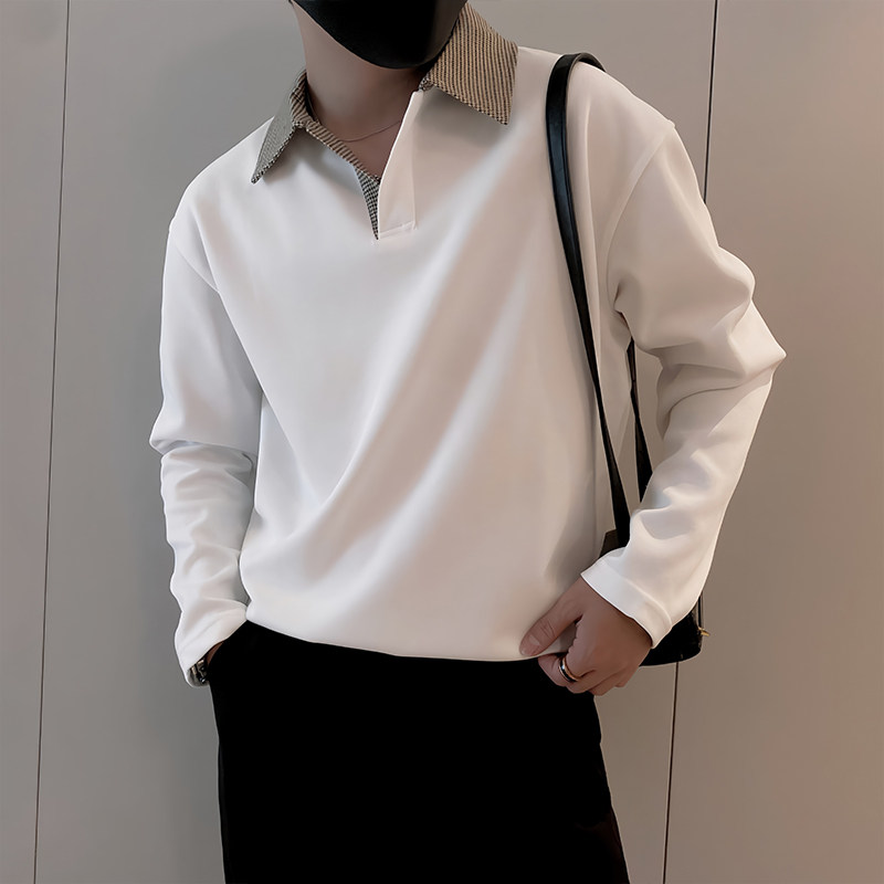 Y331/P49控69秋季小伙美式千鸟格拼接Polo衫长袖体恤白色首图,男装Polo衫,星座305B