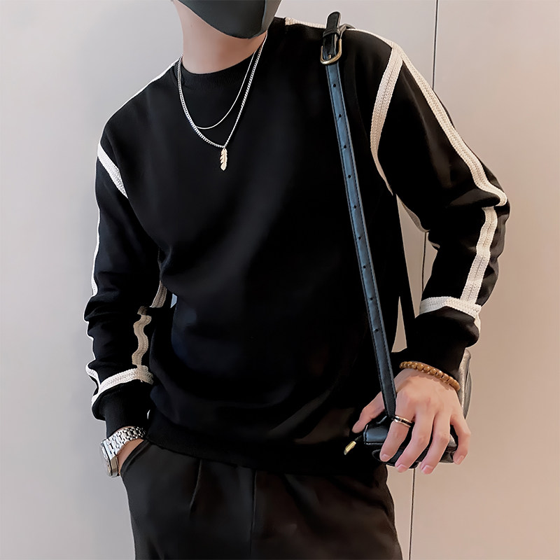 W15/特P58控78秋季社会精神小伙痞帅简约织带打底长袖卫衣男黑首1,男装T恤,星座305B