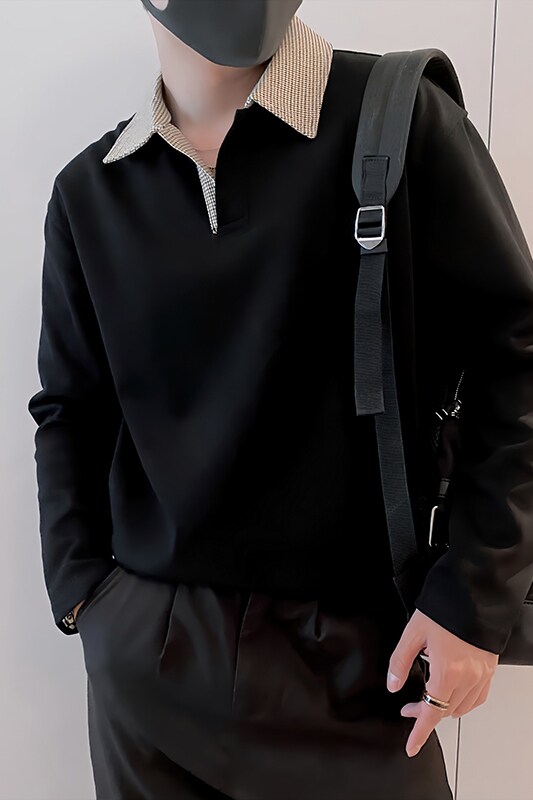 Y331/P49控69秋季小伙美式千鸟格拼接Polo衫长袖体恤黑色首图,男装Polo衫,星座305B