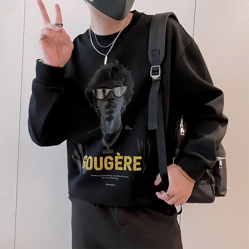 Y339/P58控78秋季痞帅小伙潮牌烫钻印花镭射男士时尚卫衣长袖黑首,男装卫衣,星座305B
