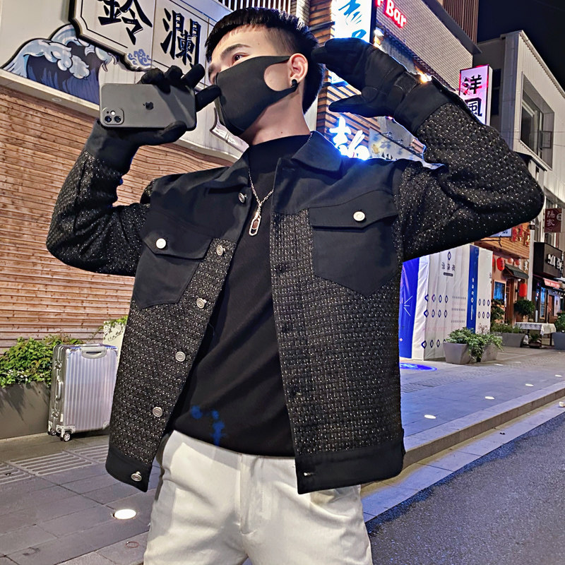 JK03/P118控1582025秋社会小伙小香风拼料夹克痞帅外套男黑首1,男装夹克,星座305B