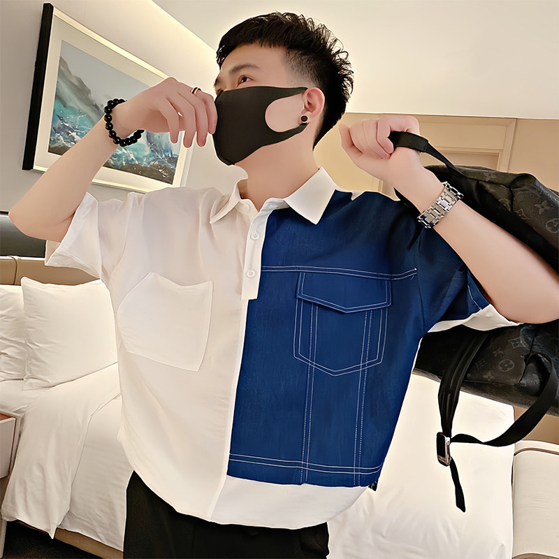 S25/P58控89 夏季社会小伙撞色拼接立体覆盖口袋短袖衬衫男白首2图片