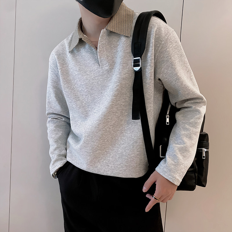 Y331/P49控69秋季小伙美式千鸟格拼接Polo衫长袖体恤白色首图,男装Polo衫,星座305B