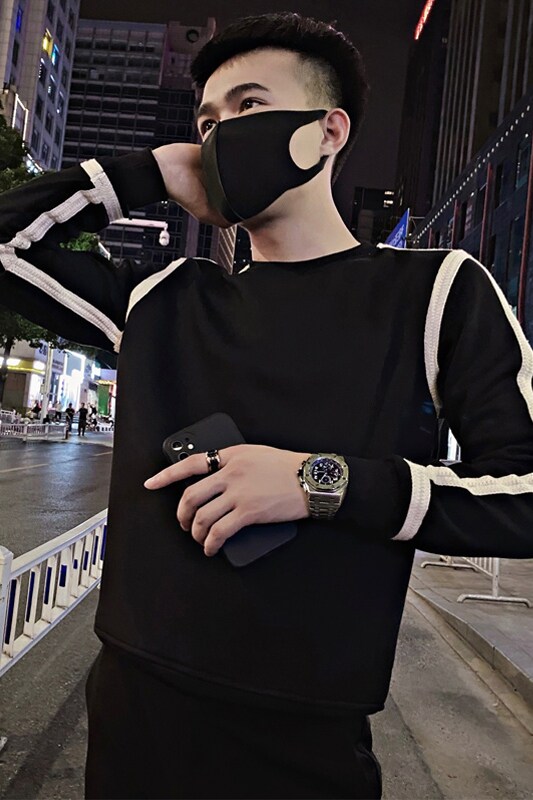 W15/特P58控78秋季社会精神小伙痞帅简约织带打底长袖卫衣男黑首1,男装T恤,星座305B