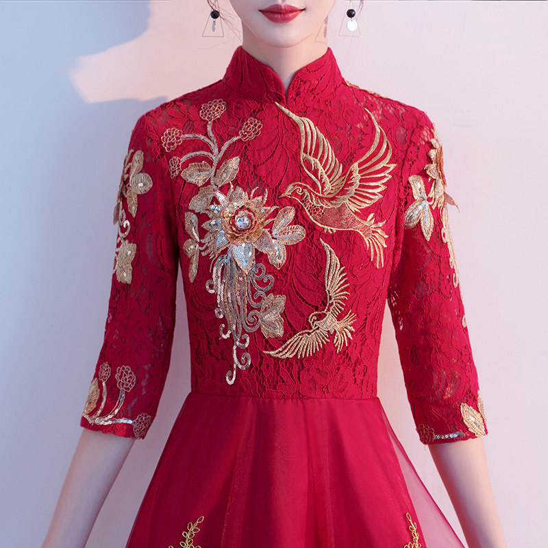 敬酒服2021新款新娘酒红色长袖结婚衣服中式礼服中国风秀禾服大气