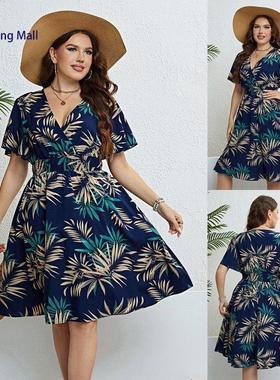 women summer plus size dress 大码夏季V领收腰显瘦连衣裙女