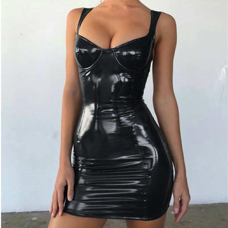 Sexy nightclub halter PU leather dress皮裙半身裙女性感夜店