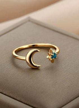 Zircon Moon Star Rings For Women Stainless Steel Glowing Moo