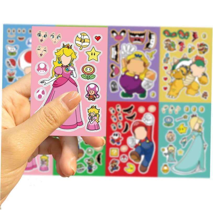 32Sheets Children DIY Puzzle Sticker Mario Face Funny Anime