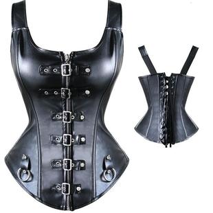 Top Shoulder Strap Faux Black Corset Corselet Zipper Leather