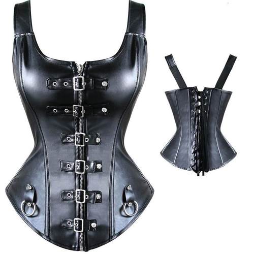 Faux Leather Corset Top Shoulder Strap Corselet Black Zipper