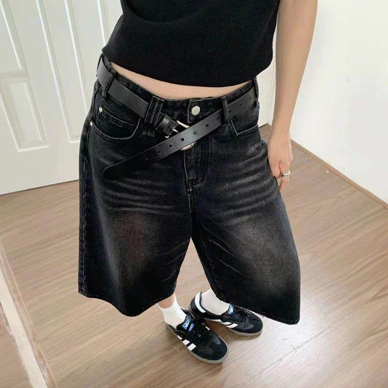 Women Black Y2k Style Baggy Denim Shorts Wide Leg Short Pant